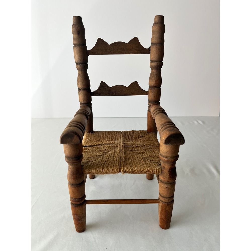 Vintage Miniature Wood Ladderback Armchair Hand Woven Rush Seat Folk Art 12.5in